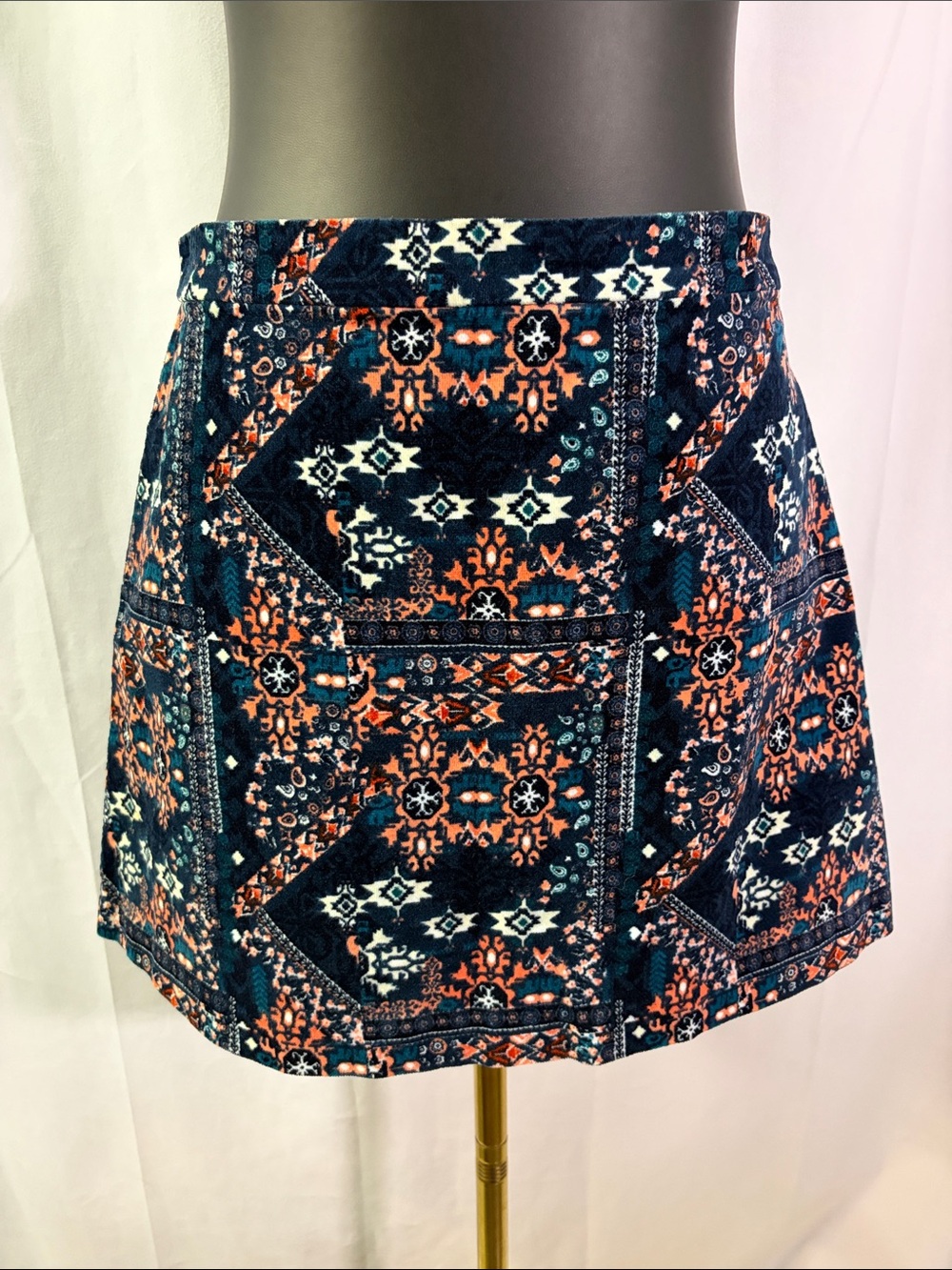 H&M Divided Blue & Orange Tribal Print Corduroy A-Line Mini Skirt